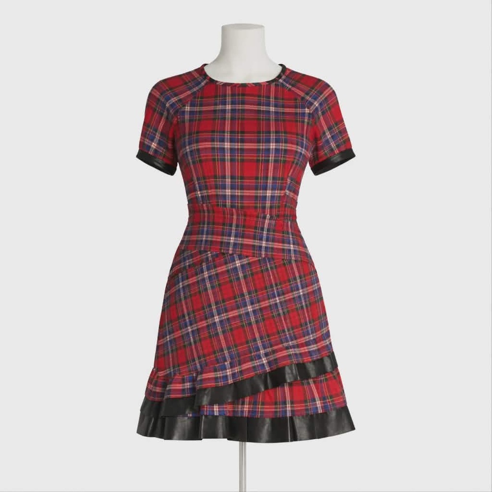 NWT Size 8. Tanya Taylor “Nicole Dress” red, black plaid mini dress w/ruffle hem